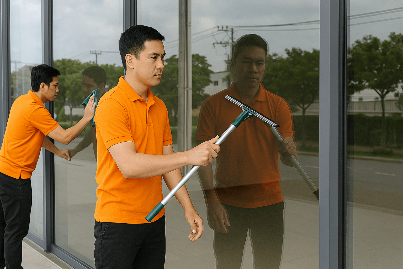 Nhân viên vệ sinh công nghiệp làm sạch kính tòa nhà