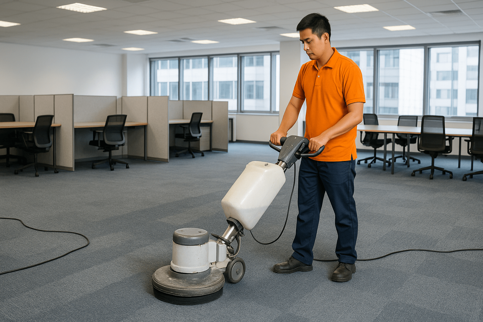 Nhân viên đang vận hành máy chà sàn để thực hiện dịch vụ giặt thảm văn phòng