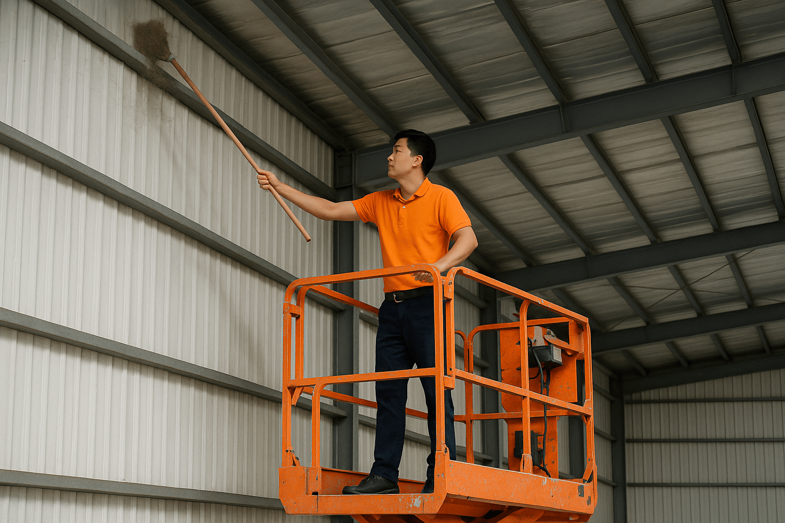 Nhân viên đang quét bụi trần cao trong quy trình vệ sinh nhà xưởng