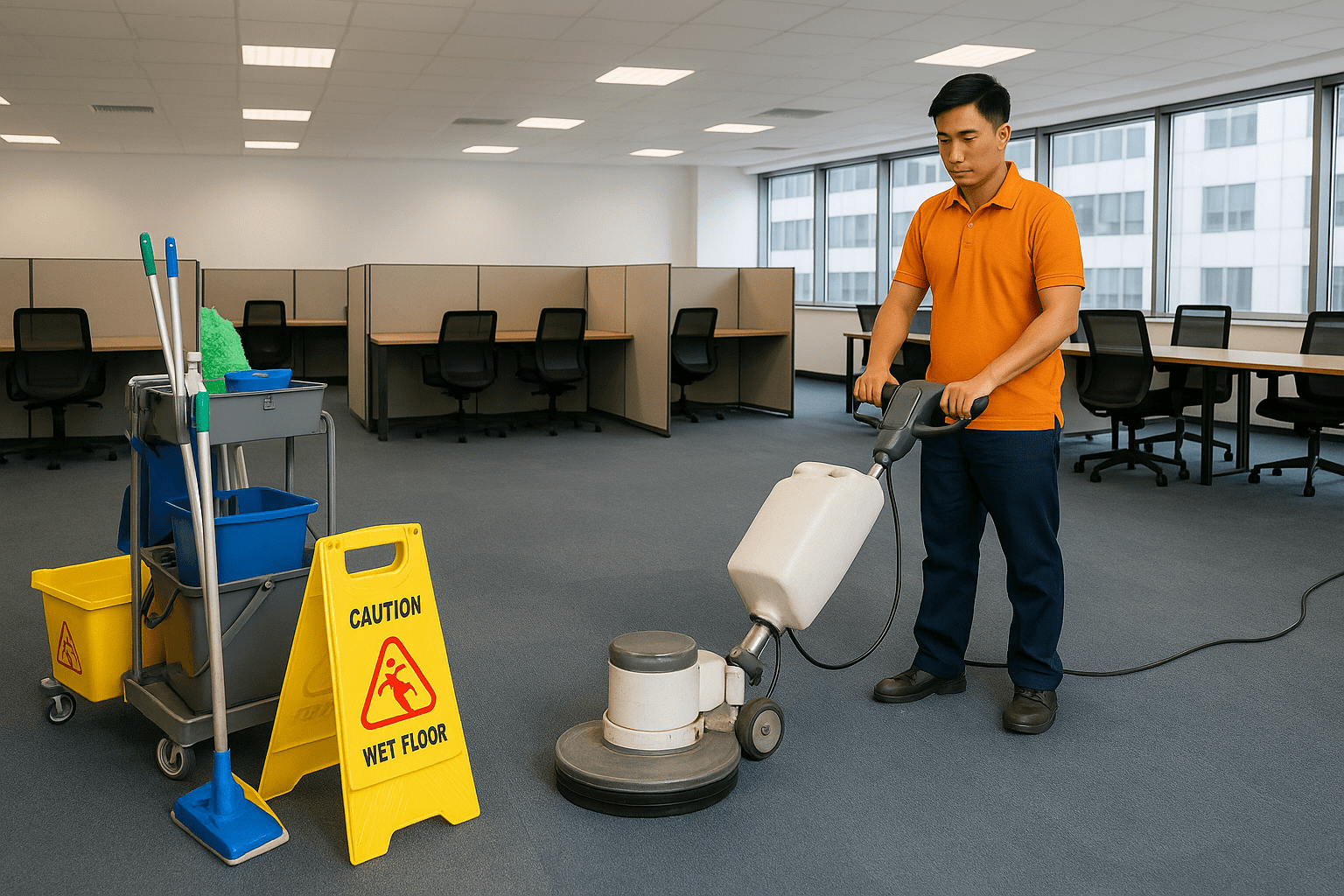 Nhân viên đang hút bụi và làm sạch không gian trong dịch vụ vệ sinh văn phòng